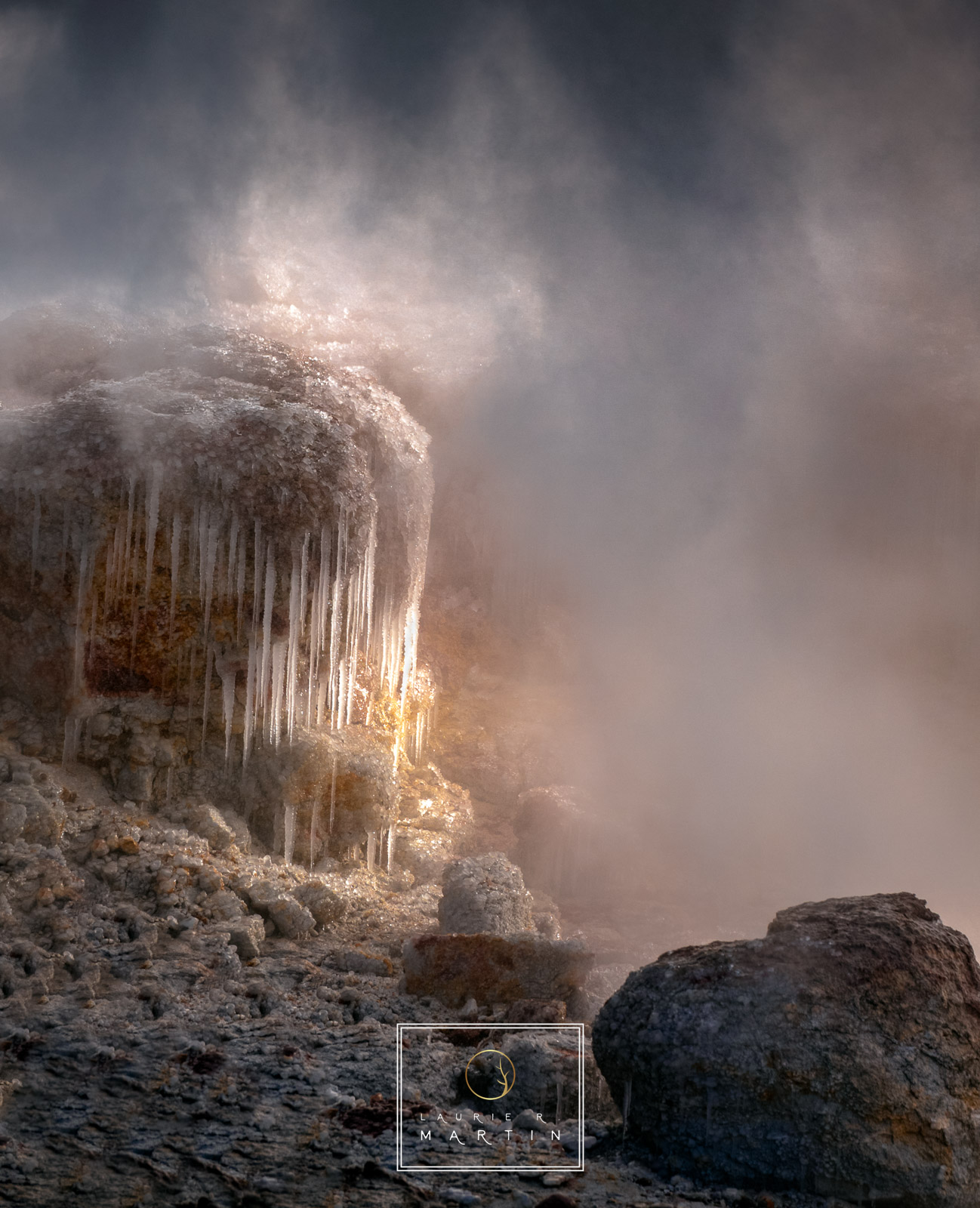 Steam drifts off from the hot geothermal pools landing on rocks and trees creating a build up of ice. The layers of ice can have...